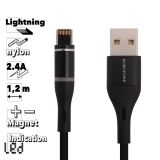 USB кабель BOROFONE BU16 Skill Lightning 8-pin магнитный, 1.2м, 2.4A, нейлон, LED (черный)