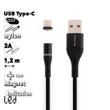 USB кабель BOROFONE BU16 Skill Type-C магнитный, 1.2м, 3A, нейлон, LED (черный)