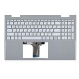 Клавиатура (топ-панель) для ноутбука HP Pavilion 15-ER серая с серебристым топкейсом (короткий шлейф подсветки)