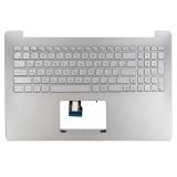 Клавиатура (топ-панель) для ноутбука Asus N501JW серебристая с серебристым топкейсом, с подсветкой, без крепления под HDD