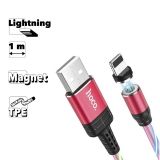 USB кабель HOCO U90 Ingenious Streamer Lightning 8-pin, магнитный, LED подстветка, 1м, TPE (красный)