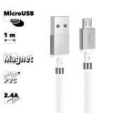 USB кабель HOCO U91 Magic Magnetic MicroUSB, 2.4А, магниты на кабеле, 1м, PVC (белый)