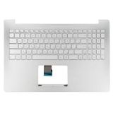 Клавиатура (топ-панель) для ноутбука Asus N501JW-1A серебристая с серебристым топкейсом, с подсветкой, без крепления под HDD
