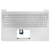 Клавиатура (топ-панель) для ноутбука Asus N501JW серебристая с серебристым топкейсом, с подсветкой, без крепления под HDD, английские буквы