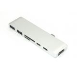 Адаптер Type C на HDMI, USB 3.0 2 разъёма и 2  разъёма зарядки Type C + кардридер SD, TF для MacBook серебро