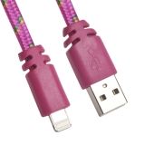 USB кабель для Apple iPhone, iPad, iPod 8 pin плоская оплетка, темно-розовый, европакет LP