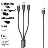 Кабель USB BOROFONE BX72 3-in-1 Lightning 8-pin/MicroUSB/Type-C 2.4A 1м нейлон (черный)