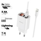 Блок питания (сетевой адаптер) BOROFONE BA58A Mighty 2xUSB 2.4А с LED дисплей с кабелем Lightning 8-pin 1м (белый)