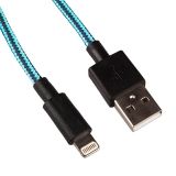USB кабель для Apple iPhone, iPad, iPod 8 pin в оплетке голубой, черный, коробка LP