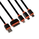 USB кабель "LP" 4 в 1 для Apple 8 pin/30 pin/MicroUSB/MiniUSB плоский (черный/оранжевый)