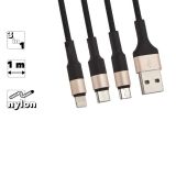 USB кабель HOCO X26 Xpress Lightning 8-pin, MicroUSB, Type-C, 3в1, 1м, нейлон (черный, золотой)