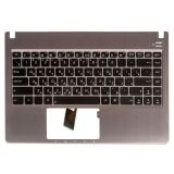 Клавиатура (топ-панель) для ноутбука Asus U47A, U47V, U47VC черная с серым металлическим топкейсом, с подсветкой