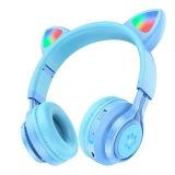 Bluetooth гарнитура HOCO W39 Cat Ear Kids BT5.3, AUX, MicroUSB, накладная, с регулятором громкости, LED, "ушки" (синяя)