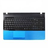 Клавиатура (топ-панель) для ноутбука Samsung NP300E5A черная с черной рамкой и голубым топкейсом