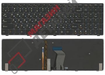 Клавиатура для ноутбука Lenovo IdeaPad Y580 черная с черной рамкой и подсветкой