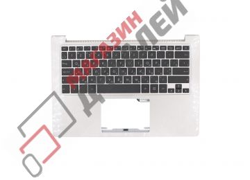 Клавиатура (топ-панель) для ноутбука Asus UX303L, UX303LA черная с серебристым топкейсом без подсветки
