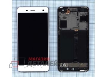 Дисплей (экран) в сборе с тачскрином для Xiaomi Mi 4 белый с рамкой (с разбора)