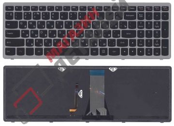 Клавиатура для ноутбука Lenovo Flex G500S G505A G505G черная с серебристой рамкой и подсветкой