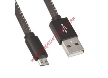 USB Дата-кабель Micro USB в алькантаре оплетке (черный/коробка)