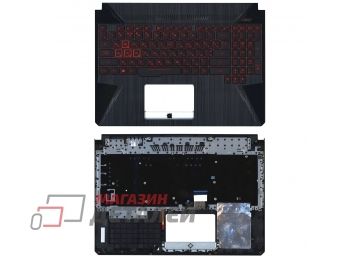 Клавиатура (топ-панель) для ноутбука Asus FX505 черная с черным топкейсом, с подсветкой, красные символы