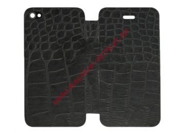 Задняя крышка-флип для Apple iPhone 4 кожа крокодила черная, прозрачный бокс