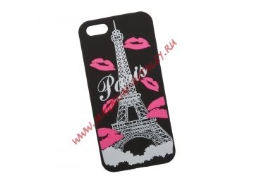 Силиконовый чехол Париж для Apple iPhone 5, 5s, SE черный, розовые губки