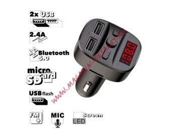 Автомобильная зарядка Earldom ET-M47 2xUSB, 2.4A, BT 5.0, LED дисплей, FM, микрофон, USB flash, MicroSD (черная)