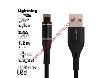 USB кабель BOROFONE BU16 Skill Lightning 8-pin магнитный, 1.2м, 2.4A, нейлон, LED (черный)