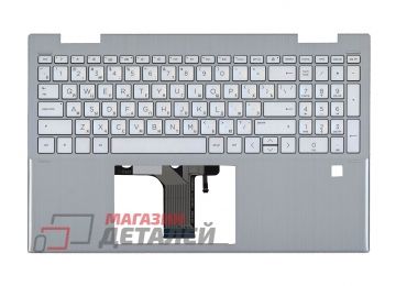 Клавиатура (топ-панель) для ноутбука HP Pavilion 15-ER серебристая с серебристым топкейсом (длинный шлейф подсветки)