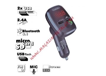 Автомобильная зарядка Earldom ET-M59 2xUSB, 2.4A, BT 5.1, LED дисплей, FM, микрофон, USB flash, MicroSD (черная)
