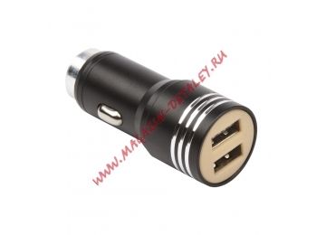 Автомобильная зарядка универсальная 2 USB выхода 2.1 А + кабель USB Type C черная, металлическая, блистер