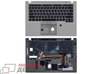 Клавиатура (топ-панель) для ноутбука Lenovo ThinkPad T490s черная с серебристым топкейсом, с трекпойнтом и подсветкой