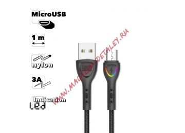 USB кабель Earldom EC-117M MicroUSB, 3A, LED, 1м, нейлон (черный)