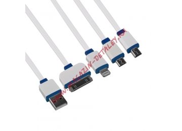 USB кабель LP 4 в 1 для подзарядки для Apple 8 pin, 30 pin, MicroUSB, MiniUSB плоский белый, синий