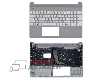 Клавиатура (топ-панель) для ноутбука HP 15S-EQ 15S-FQ серебристая с серебристым топкейсом и подсветкой (с разбора)