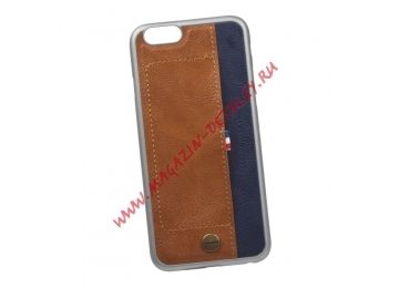 Защитная крышка WUW для iPhone 6, 6s с карманом для карточек коричневая с синей вставкой