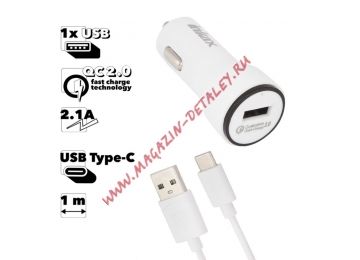 Автомобильная зарядка inkax CD-22 Fast 1xUSB, QC 2.0 2.1А + кабель USB-С 1м (белая)