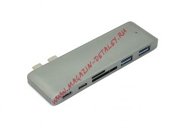 Адаптер двоенный Type C на USB 3.0 2 разъёма и разъёма зарядки Type C + кардридер SD, TF для MacBook серый