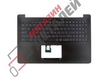 Клавиатура (топ-панель) для ноутбука Asus N501JW черная с черным топкейсом, с подсветкой, без крепления под HDD