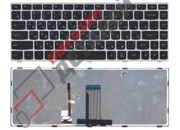 Клавиатура для ноутбука Lenovo Flex 14 черная с серебристой рамкой и подсветкой