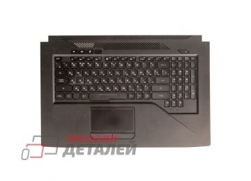 Клавиатура (топ-панель) для ноутбука Asus ROG Strix GL703GE, GL703GM черная с черным топкейсом, с подсветкой и тачпадом (с разбора)