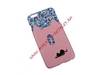 Защитная крышка Черная кошка с розовым кармашком + цветы на белом для iPhone 6, 6s Plus