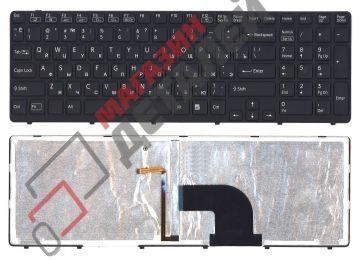 Клавиатура для ноутбука Sony Vaio SVE15 E15 черная с черной рамкой и подсветкой, плоский Enter