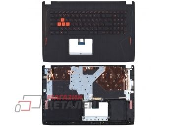 Клавиатура (топ-панель) для ноутбука Asus GL702VSK черная с черным топкейсом и оранжевыми кнопками