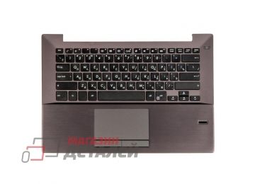 Клавиатура (топ-панель) для ноутбука Asus PU401L, PU401LA черная с темно-серым топкейсом, с тачпадом и датчиком отпечатка пальца (с разбора)