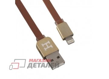 USB Дата-кабель "Hermes" для Apple Lightning 8-pin плоский (коричневый с золотым)