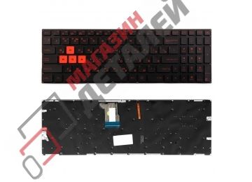 Клавиатура для ноутбука Asus GL502, GL502VM, GL502VS черная без рамки с оранжевыми кнопками и подсветкой, плоский Enter