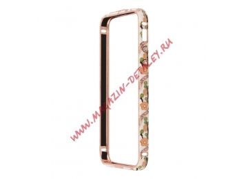 Bumper Цветочки со стразами для Apple iPhone 5, 5S, SE металл, белый с розовыми цветочками