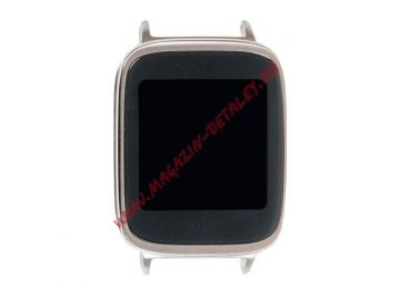 Дисплей (экран) в сборе с тачскрином для Asus ZenWatch WI500Q черный с светло-стальной рамкой и задней крышкой