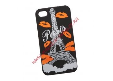 Силиконовый чехол Париж для Apple iPhone 4, 4s черный, оранжевые губки